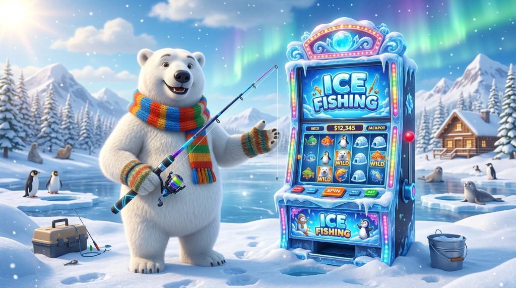 Mascota polar y atmósfera ártica del game show Ice Fishing